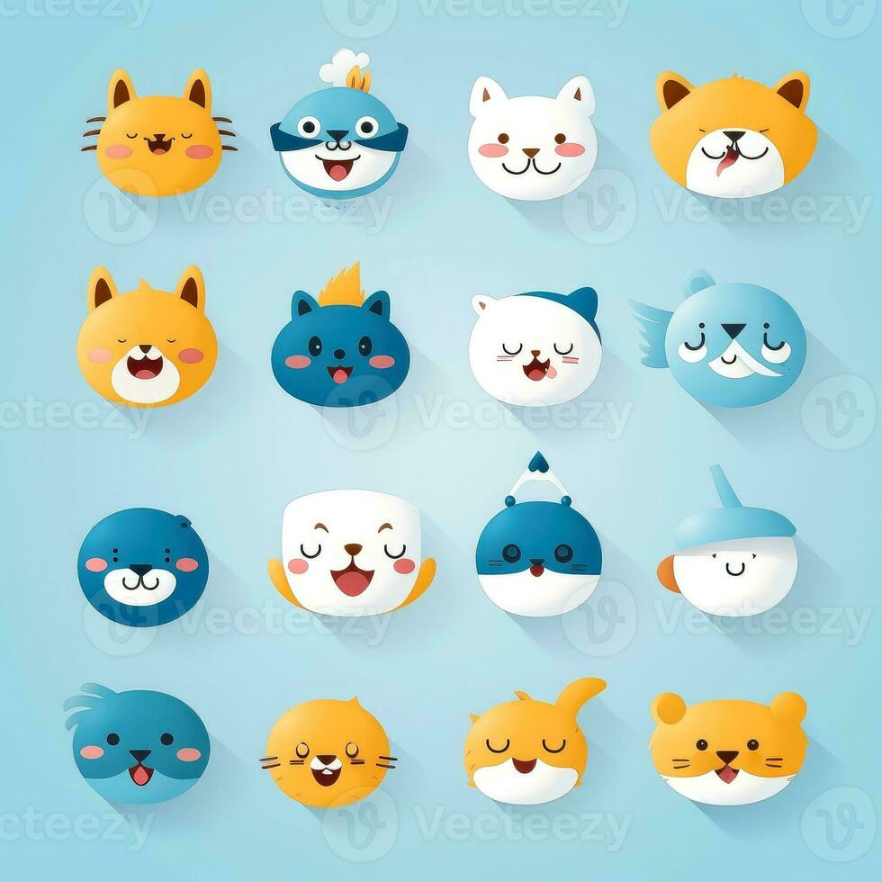 Set of animal faces, face emojis, stickers, emoticons,cartoon funny mascot characters face set, Generative AI illustration photo