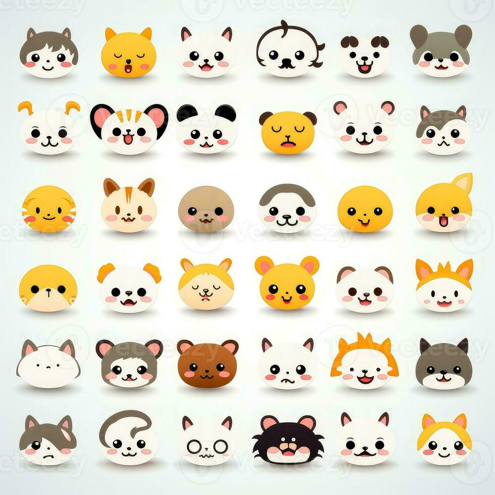 Set of animal faces, face emojis, stickers, emoticons,cartoon funny mascot characters face set, Generative AI illustration photo