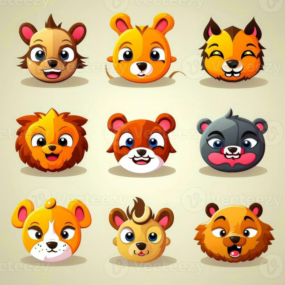 conjunto de animal caras, cara emojis, pegatinas, emoticones, dibujos animados gracioso mascota caracteres cara colocar, generativo ai ilustración foto