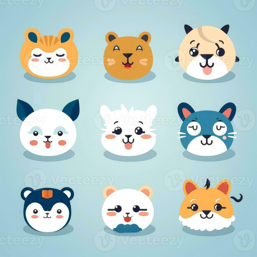 Set of animal faces, face emojis, stickers, emoticons,cartoon funny mascot characters face set, Generative AI illustration photo