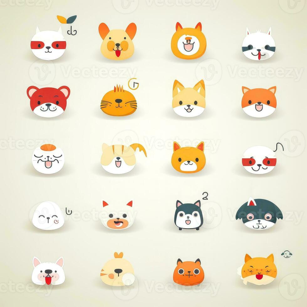 Set of animal faces, face emojis, stickers, emoticons,cartoon funny mascot characters face set, Generative AI illustration photo