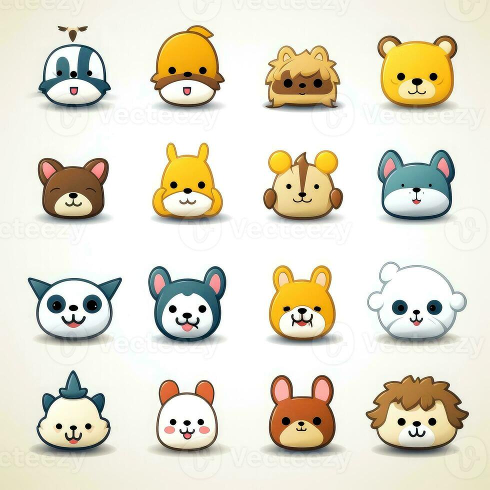 Set of animal faces, face emojis, stickers, emoticons,cartoon funny mascot characters face set, Generative AI illustration photo