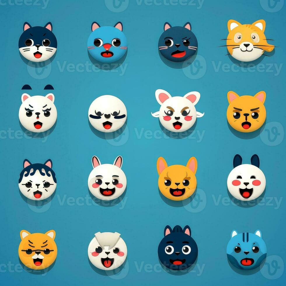 Set of animal faces, face emojis, stickers, emoticons,cartoon funny mascot characters face set, Generative AI illustration photo