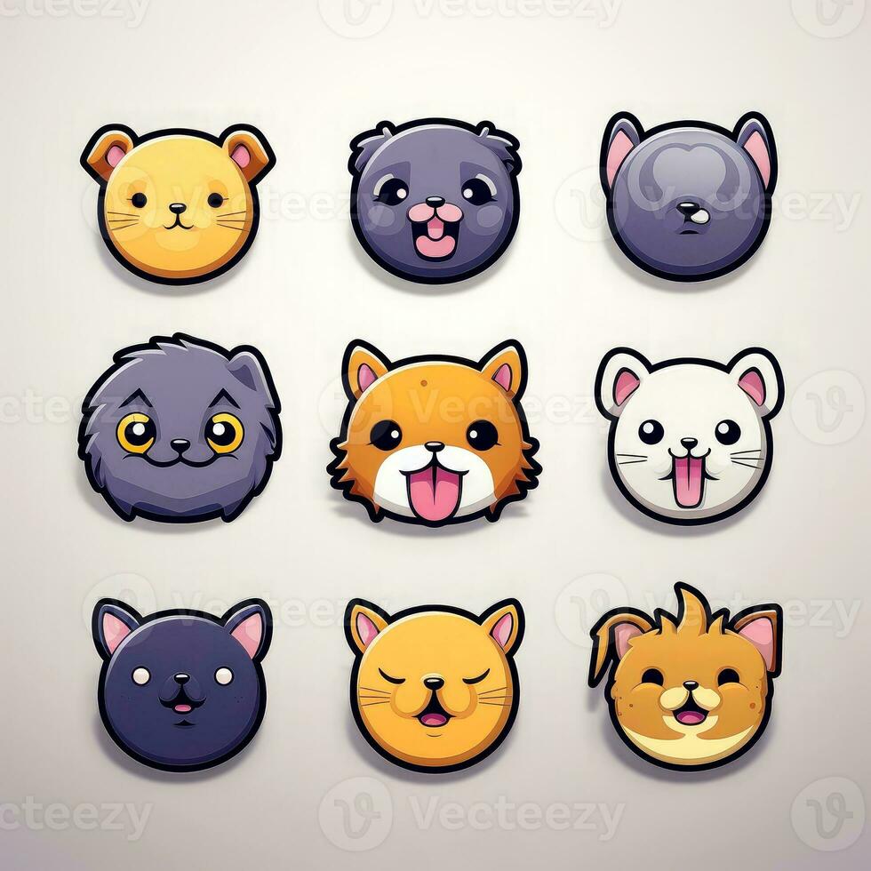 conjunto de animal caras, cara emojis, pegatinas, emoticones, dibujos animados gracioso mascota caracteres cara colocar, generativo ai ilustración foto