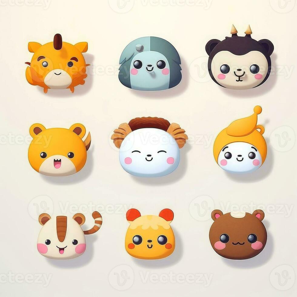 Set of animal faces, face emojis, stickers, emoticons,cartoon funny mascot characters face set, Generative AI illustration photo