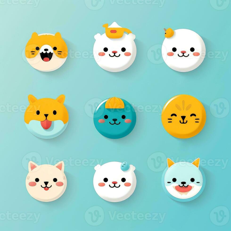 Set of animal faces, face emojis, stickers, emoticons,cartoon funny mascot characters face set, Generative AI illustration photo