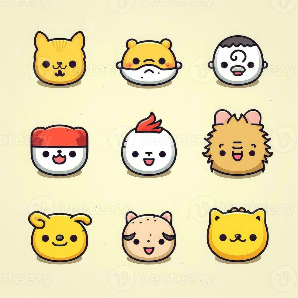 Set of animal faces, face emojis, stickers, emoticons,cartoon funny mascot characters face set, Generative AI illustration photo