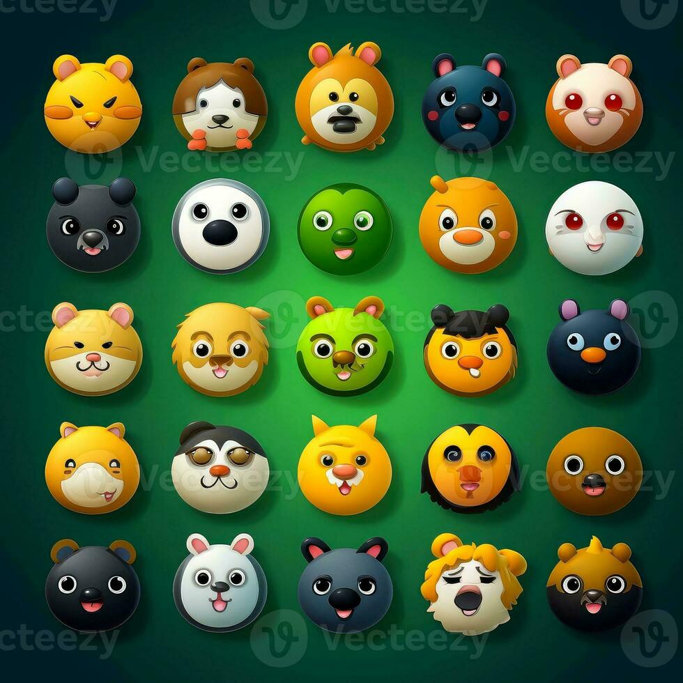Set of animal faces, face emojis, stickers, emoticons,cartoon funny mascot characters face set, Generative AI illustration photo