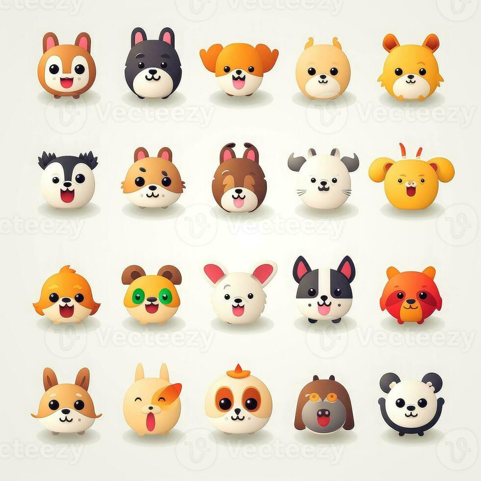 conjunto de animal caras, cara emojis, pegatinas, emoticones, dibujos animados gracioso mascota caracteres cara colocar, generativo ai ilustración foto