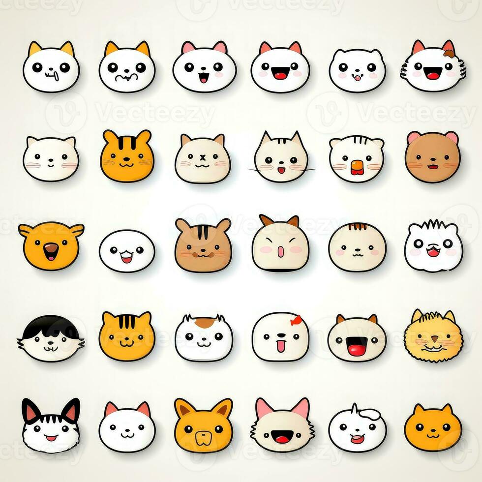 Set of animal faces, face emojis, stickers, emoticons,cartoon funny mascot characters face set, Generative AI illustration photo