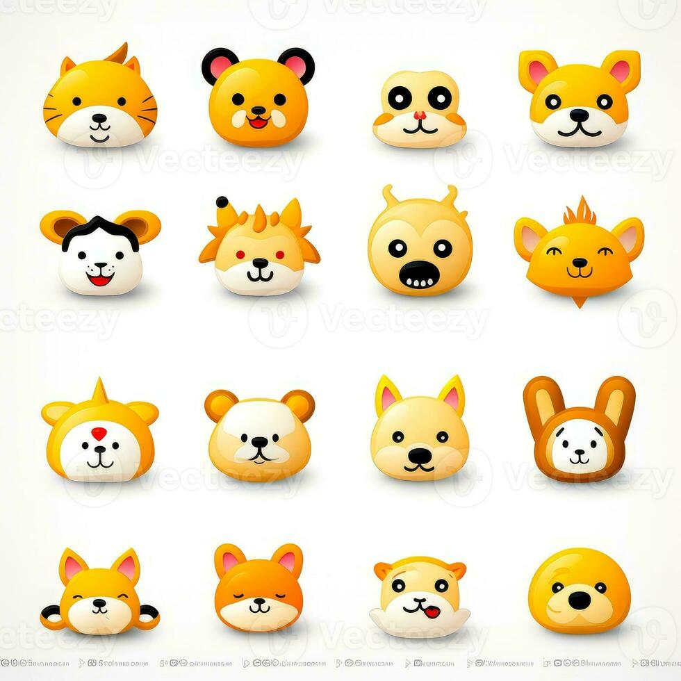 Set of animal faces, face emojis, stickers, emoticons,cartoon funny mascot characters face set, Generative AI illustration photo