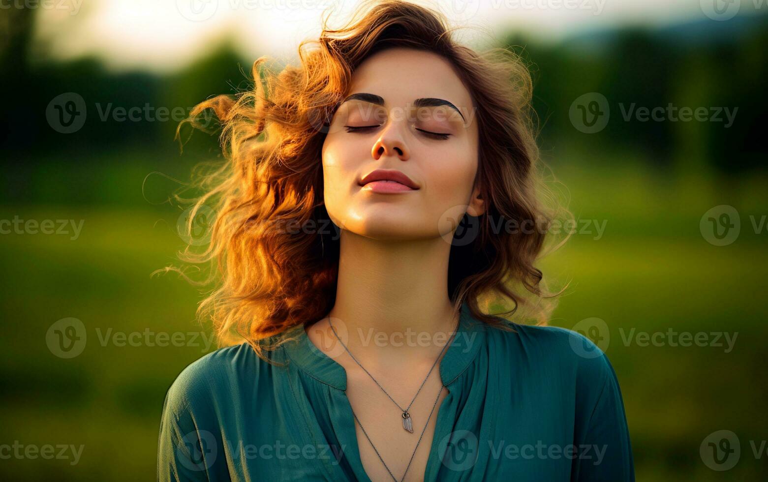 Woman breathing fresh air in the forest with closed eyes. Generative AI photo