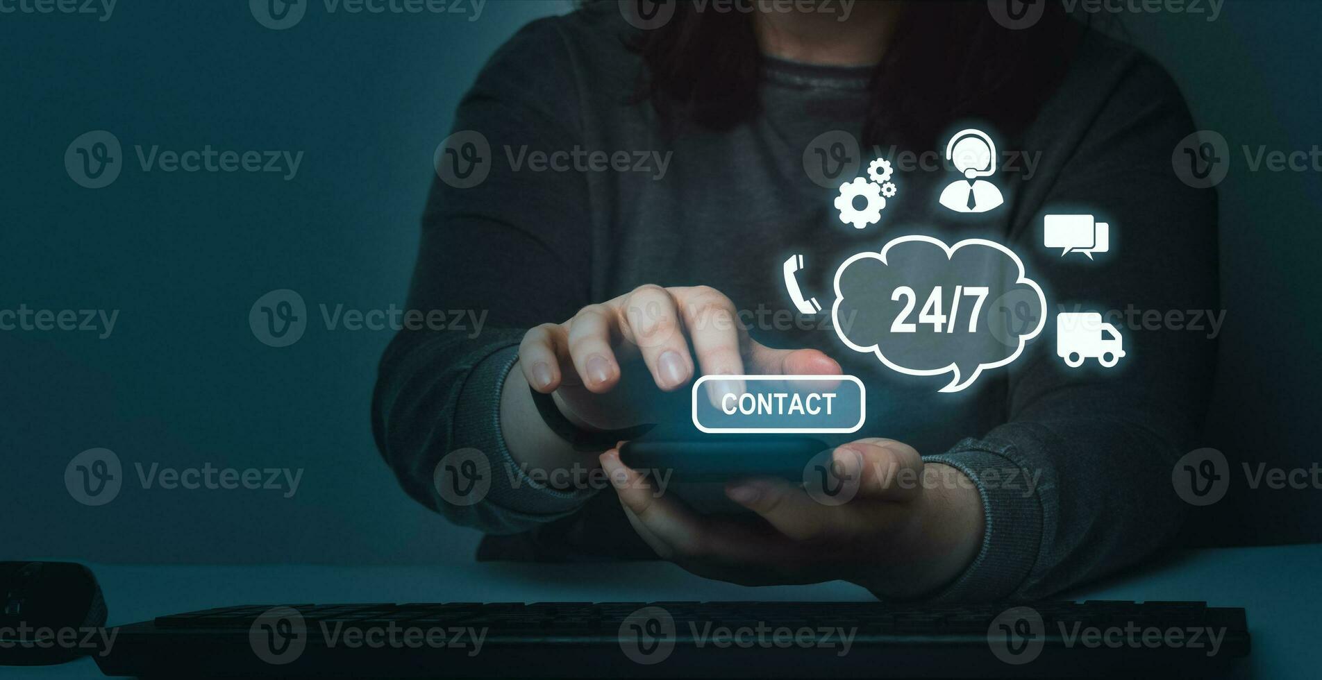 Woman use smartphone for 24-7 nonstop and full-time available service. Assistance customer support hotline people connect. Feedback, business and finance concept. 24 hours concept. photo