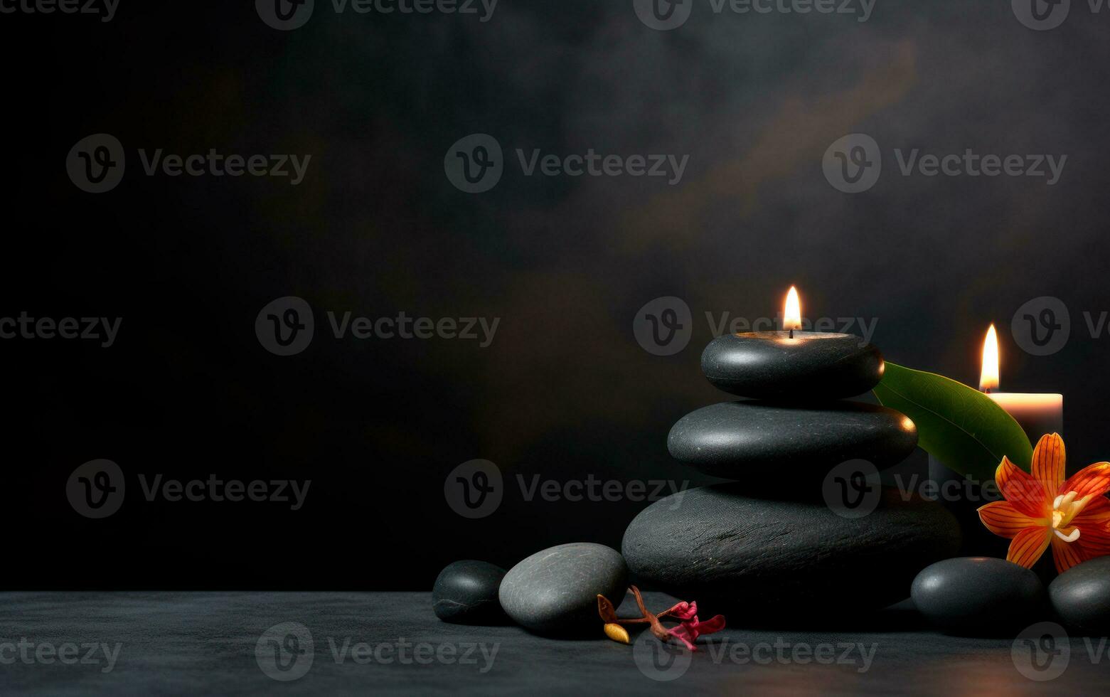 dark stones and green leaves. Zen still life with copy space. Generative AI photo