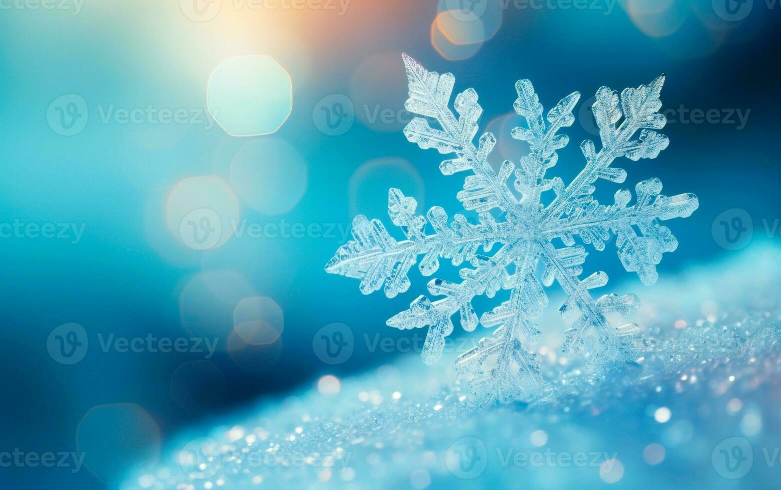 Blurred bokeh background with christmas snowflakes in blue color. Merry Christmas and Happy New Year text wallpaper. AI Generated photo