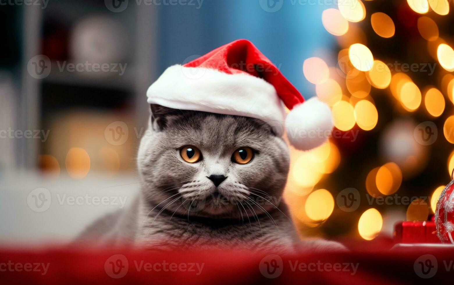 Cute cat in Santa Claus hat against blurred Christmas lights and copy space. Generate AI photo