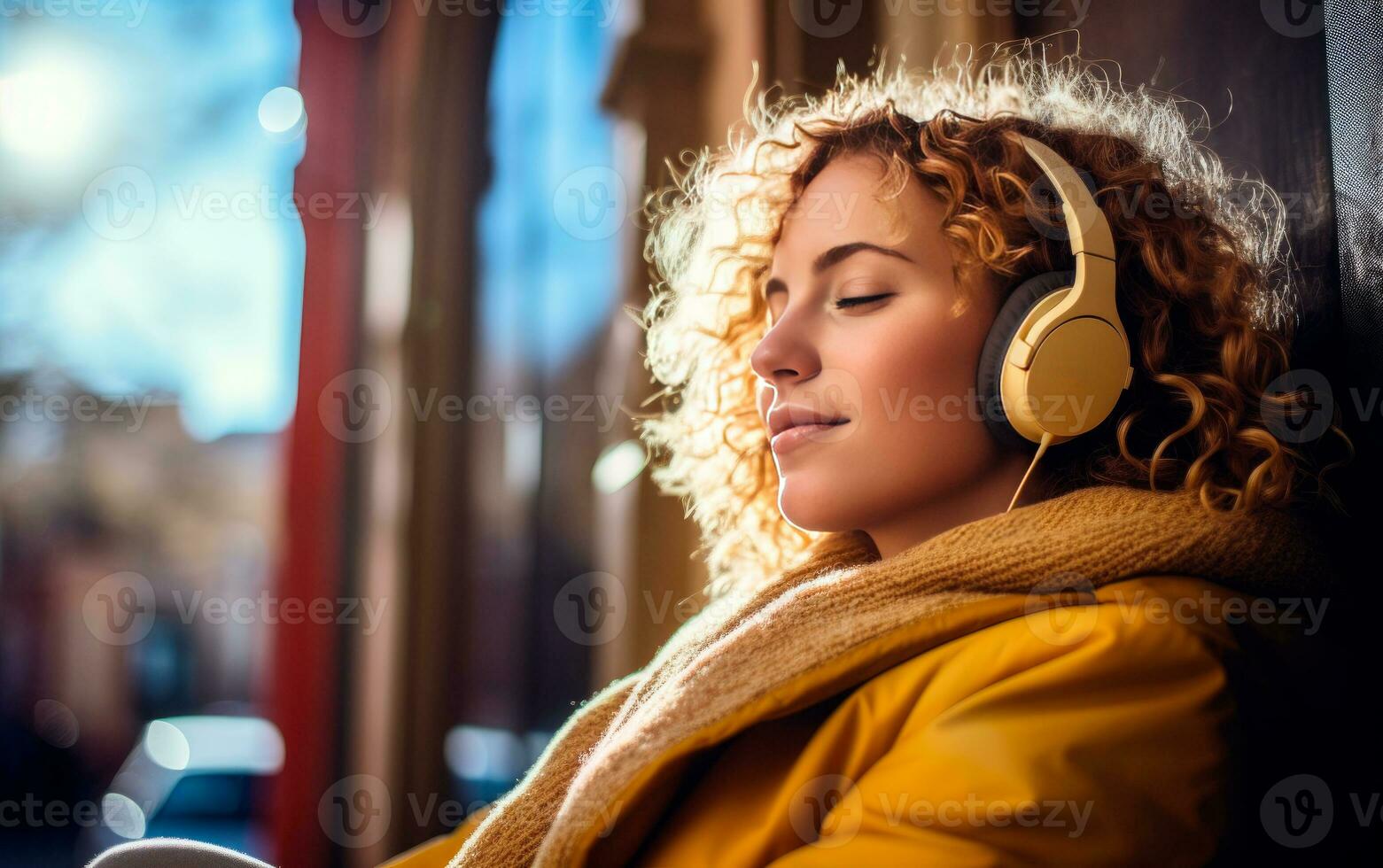 Blonde woman listening to music with headphones on the street. Generative AI photo