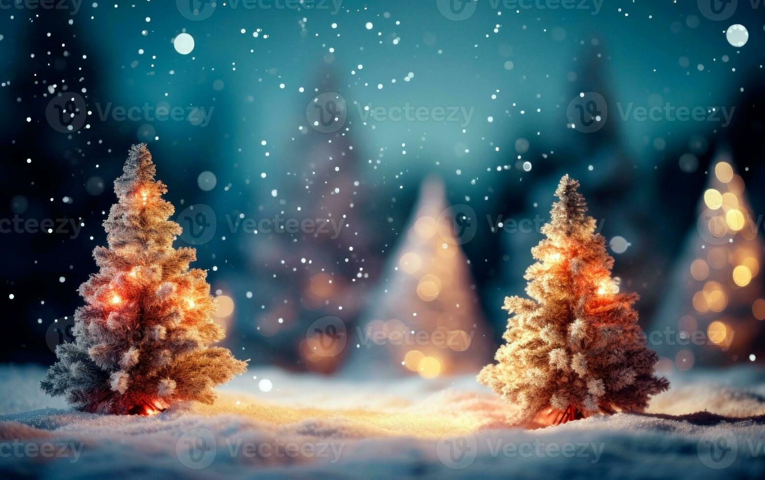 Beautiful tiny and snowy Christmas trees for wallpaper with copy space