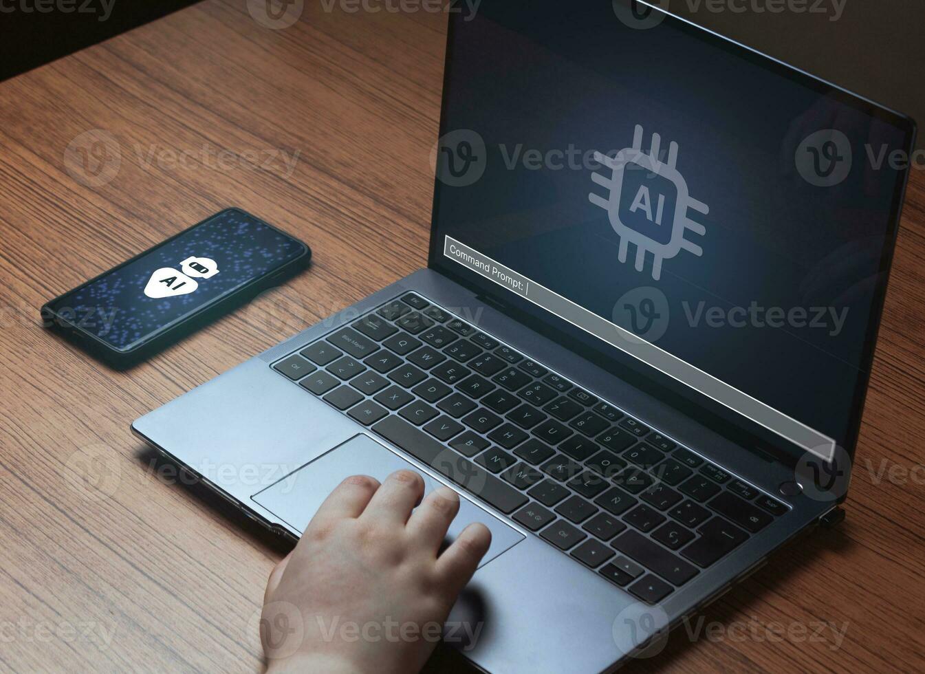 Woman use the power of AI on laptop and smartphone. Chat concept AI. Artificial Intelligence. Futuristic technology transformation. Write a prompt to generate images. photo