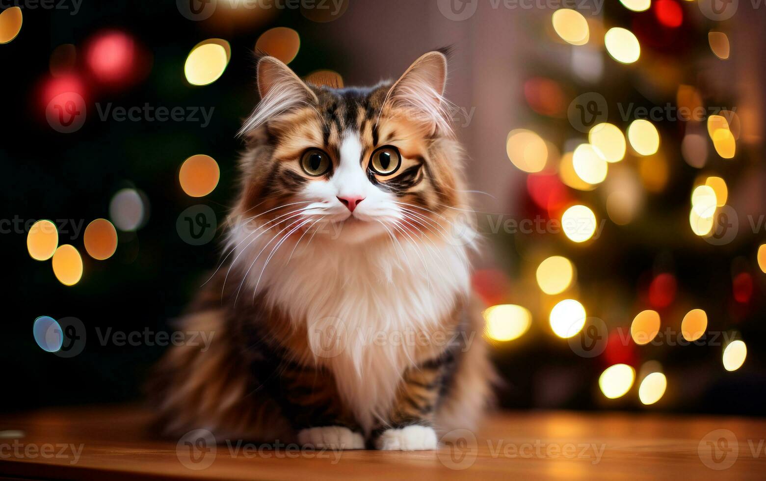 Cute cat against blurred Christmas lights and copy space. Generate AI photo