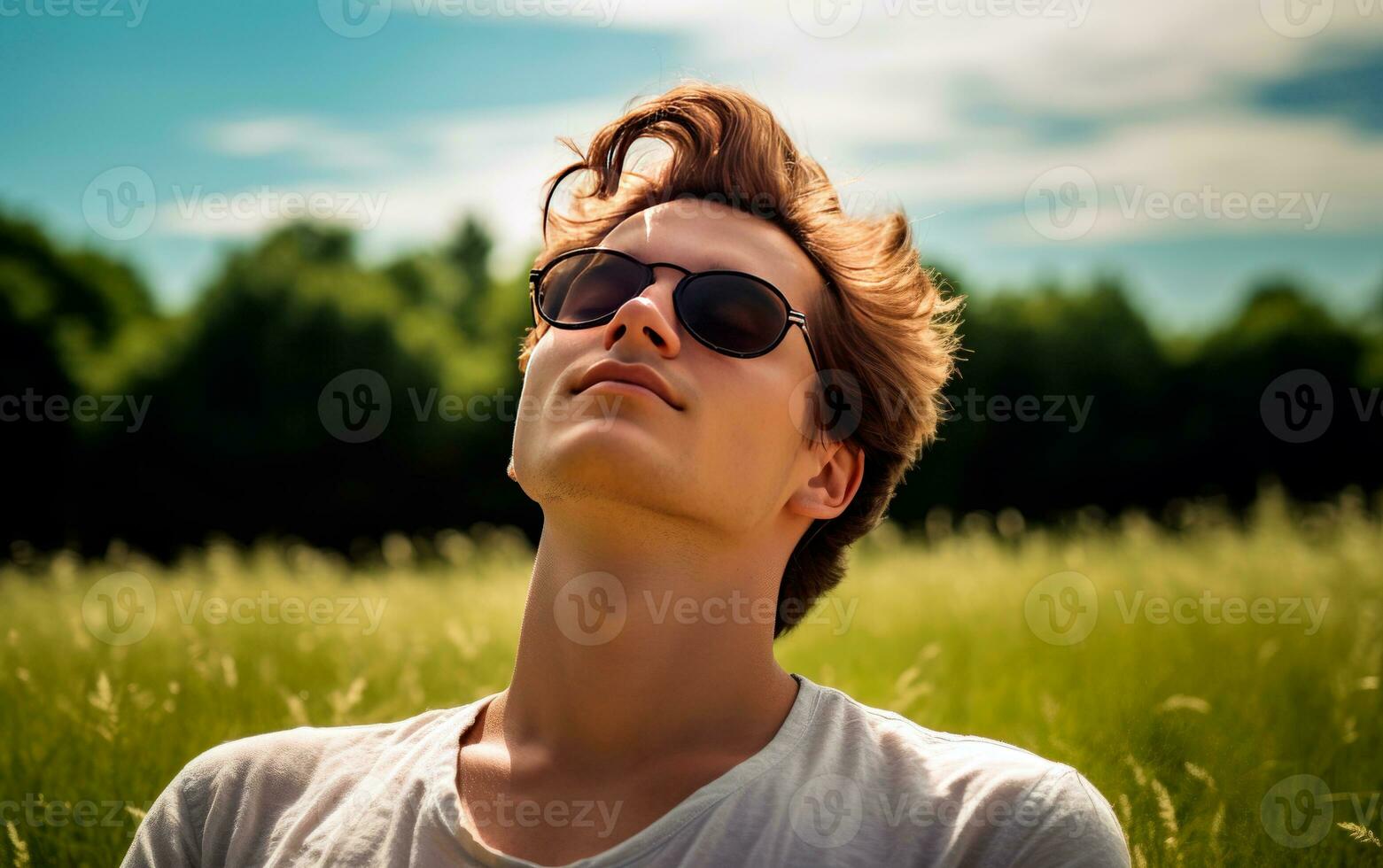 Man with sunglasses breathing fresh air in the forest with closed eyes. Generative AI photo