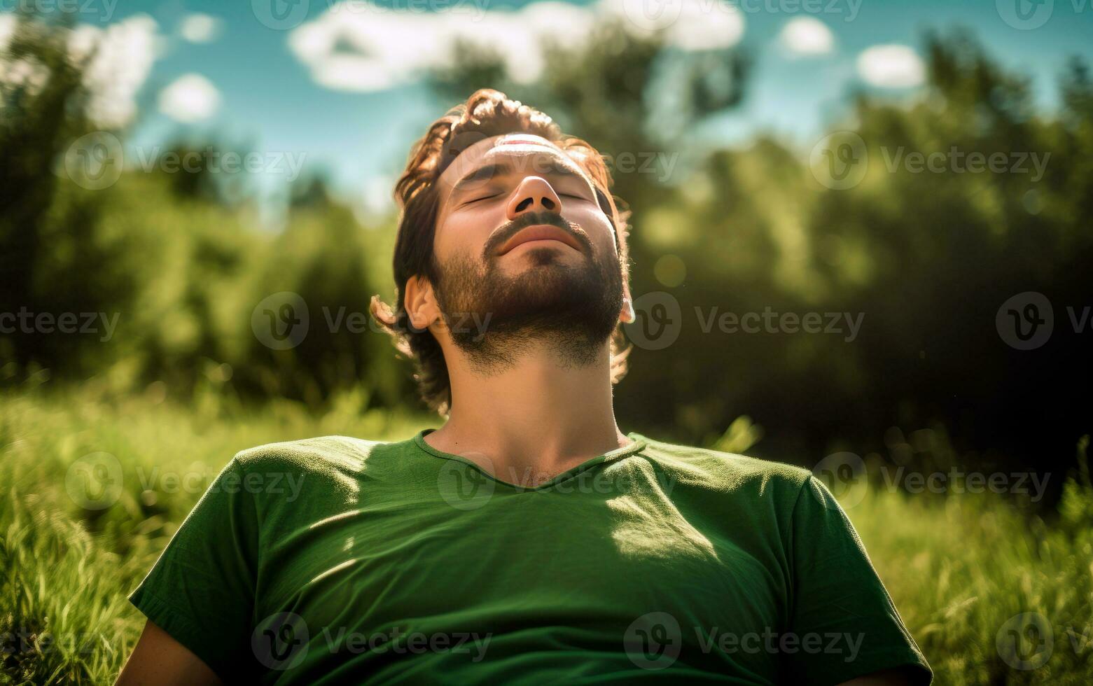 Man breathing fresh air in the forest with closed eyes. Generative AI photo