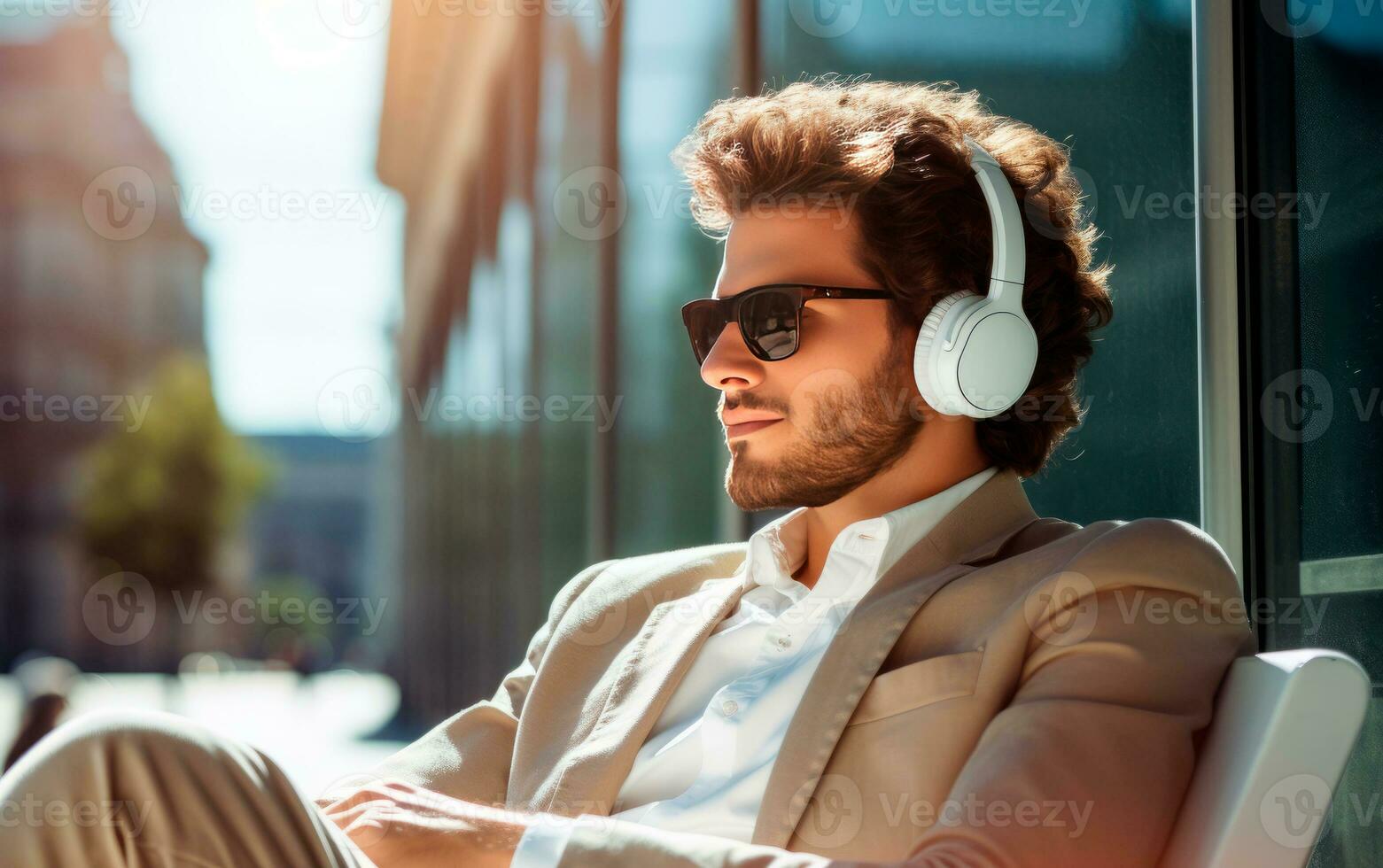 Portrait of man listening to music with headphones on the street. Generative AI photo