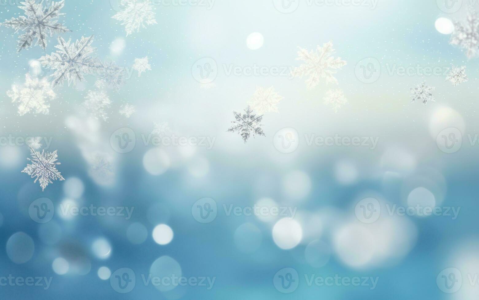 Blurred bokeh background with christmas snowflakes in blue color. Merry Christmas and Happy New Year text wallpaper. AI Generated photo