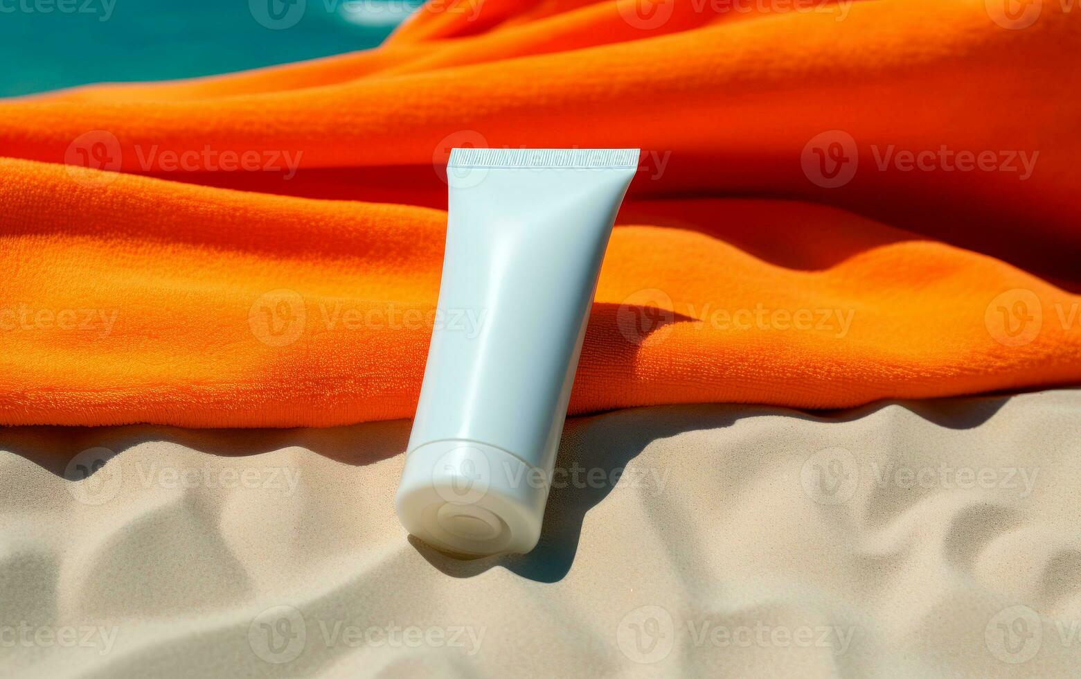 Blank plastic tube of sunscreen for mockup on the beach. Lotion for summer. Skin care concept. Protective cosmetic. Generative AI. photo