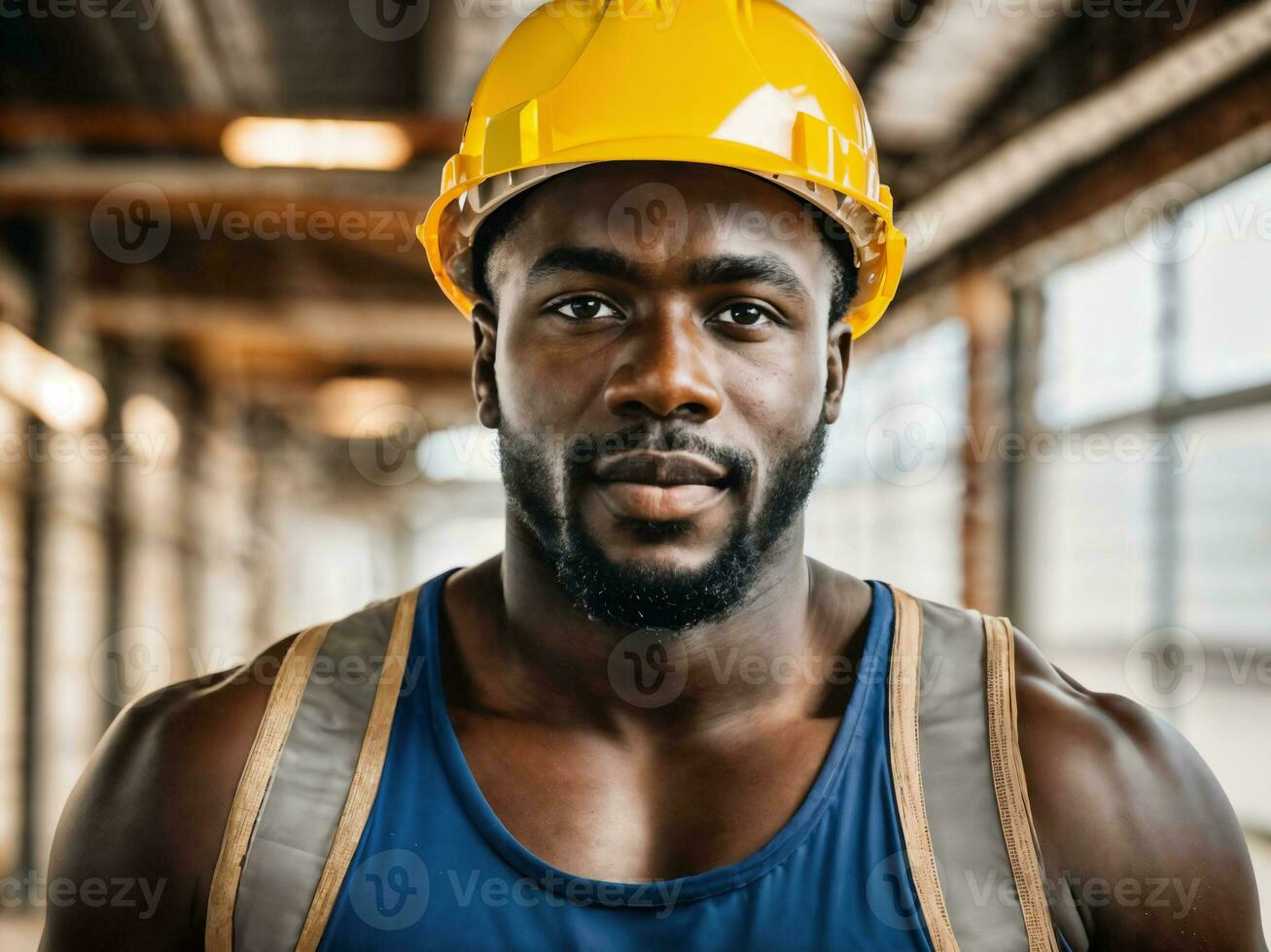 photo of african black man as a construction worker with helmet, generative AI