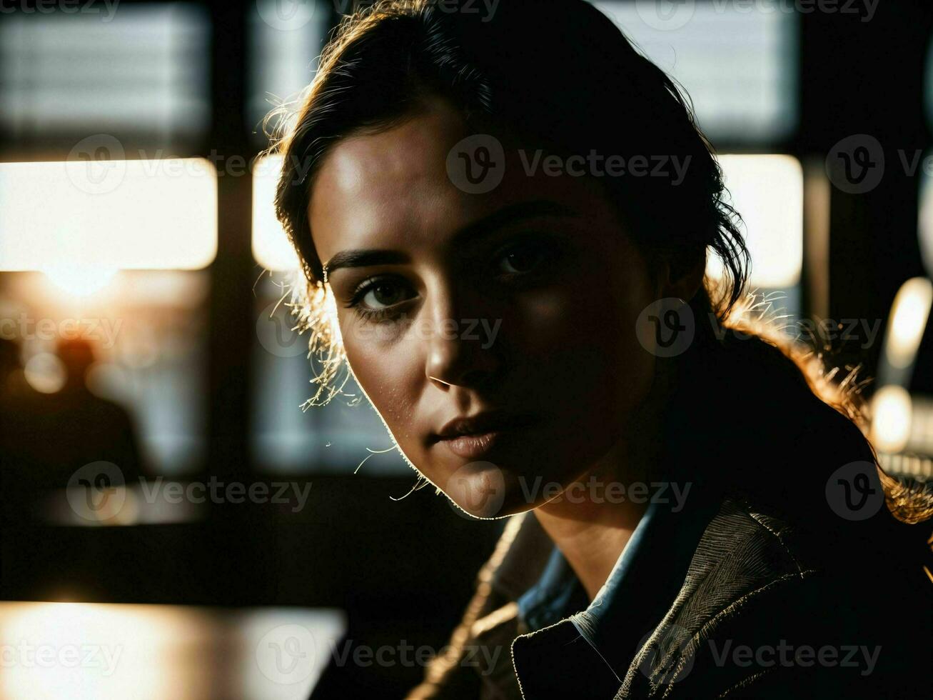 photo of serious detective woman in crime scene, generative AI