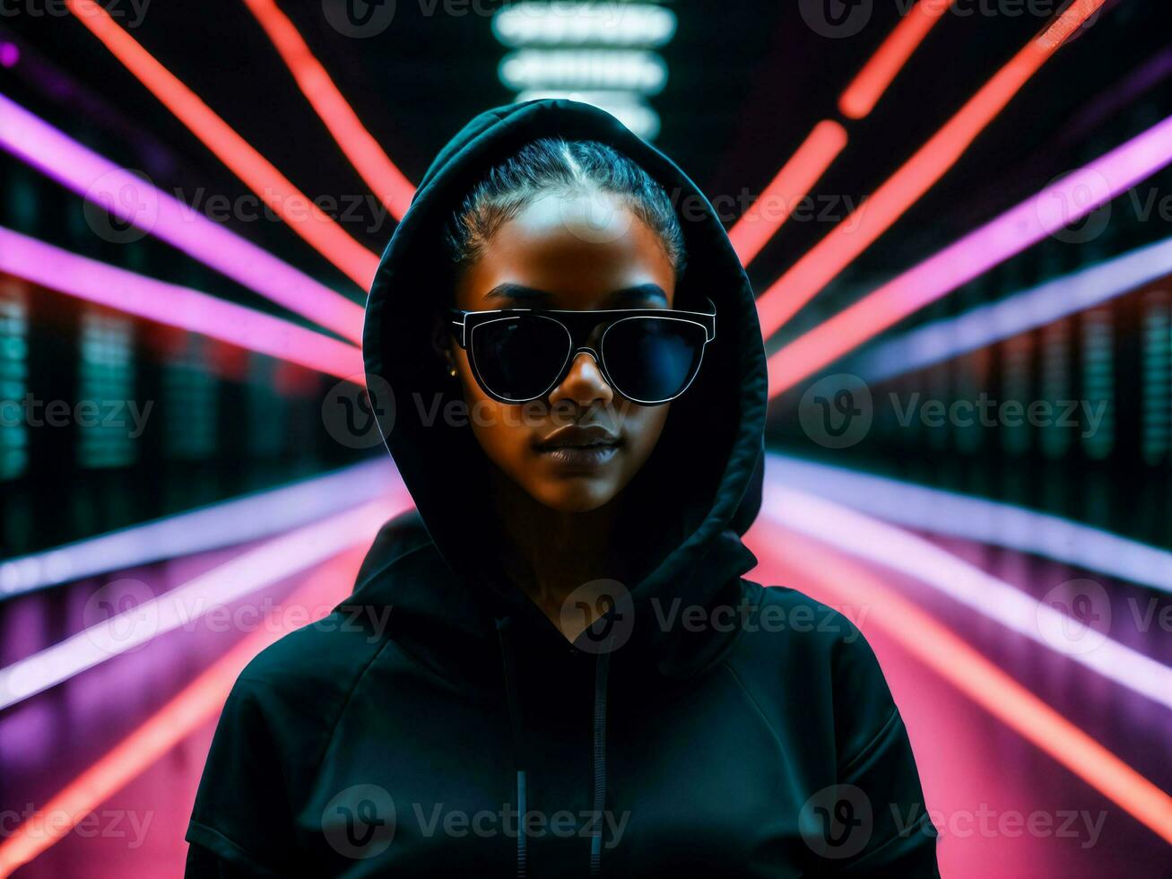 photo of black woman in black hoodie in server data center room with neon light, generative AI