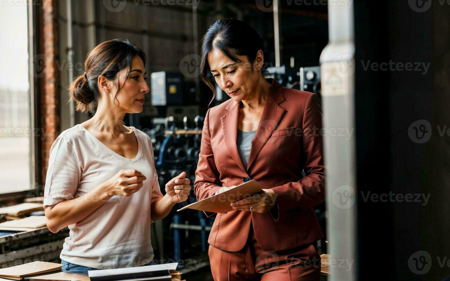 photo of working entrepreneur woman at factory with machine and worker, generative AI
