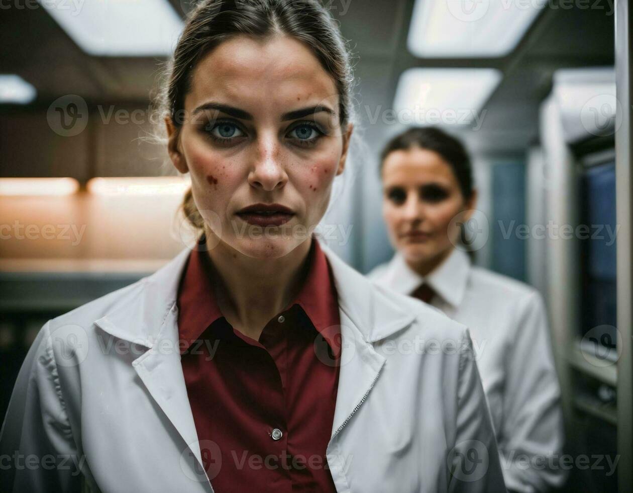 photo of rage angry air hostess crew woman arguing the other with wound on face, generative AI