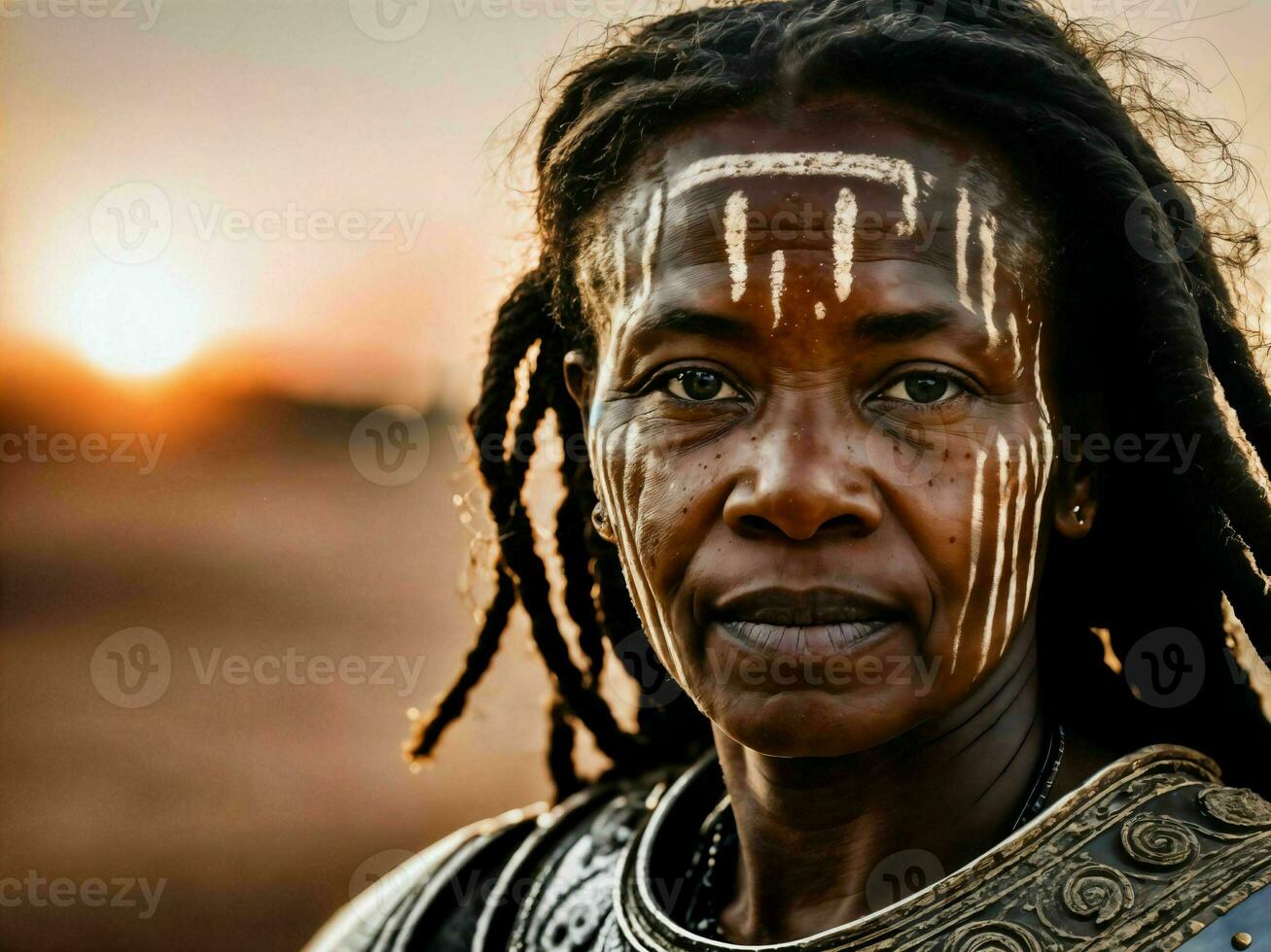 photo of strong ancient senior black female warrior with roman armor stained, generative AI