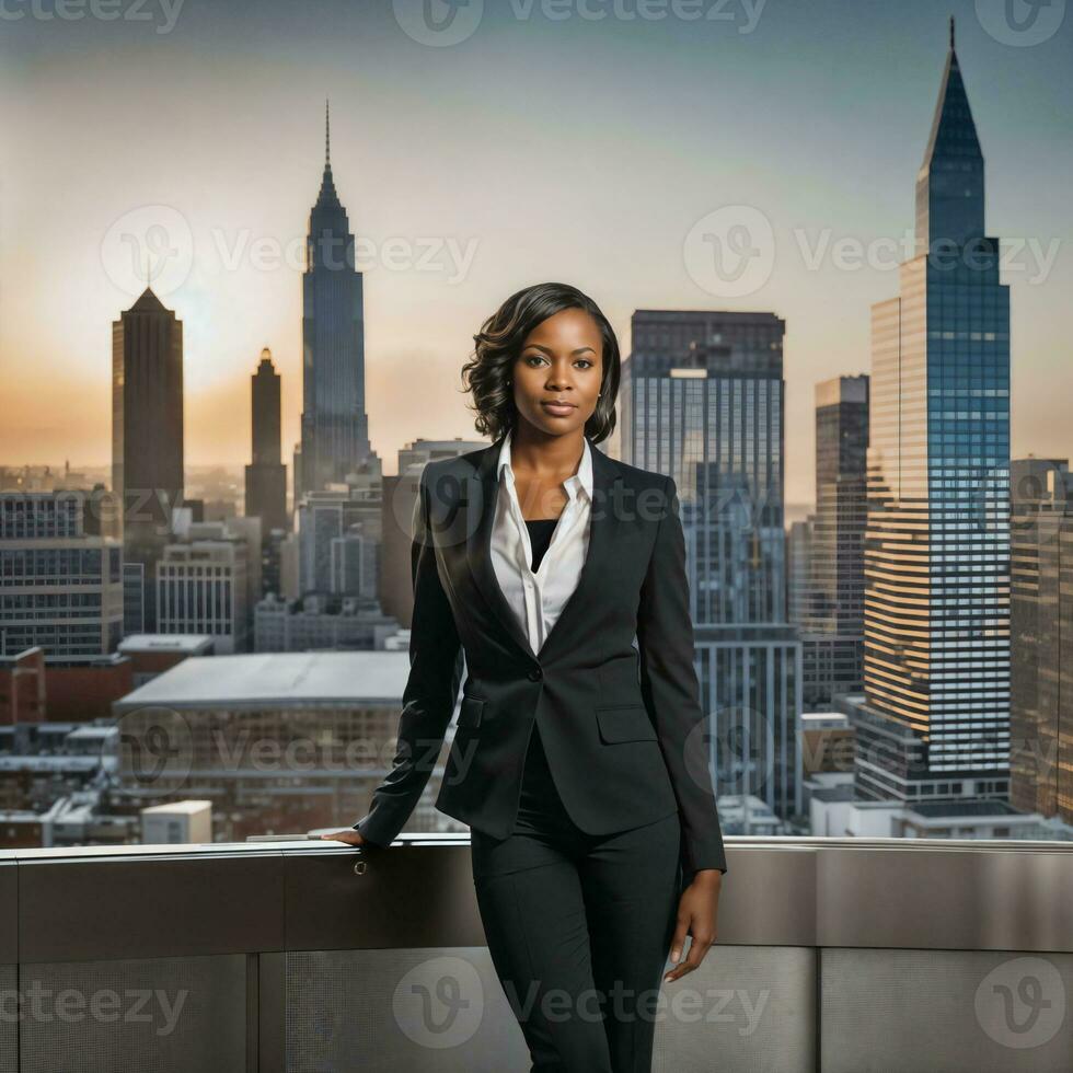 photo of smart african woman with black business suit at big modern city, generative AI