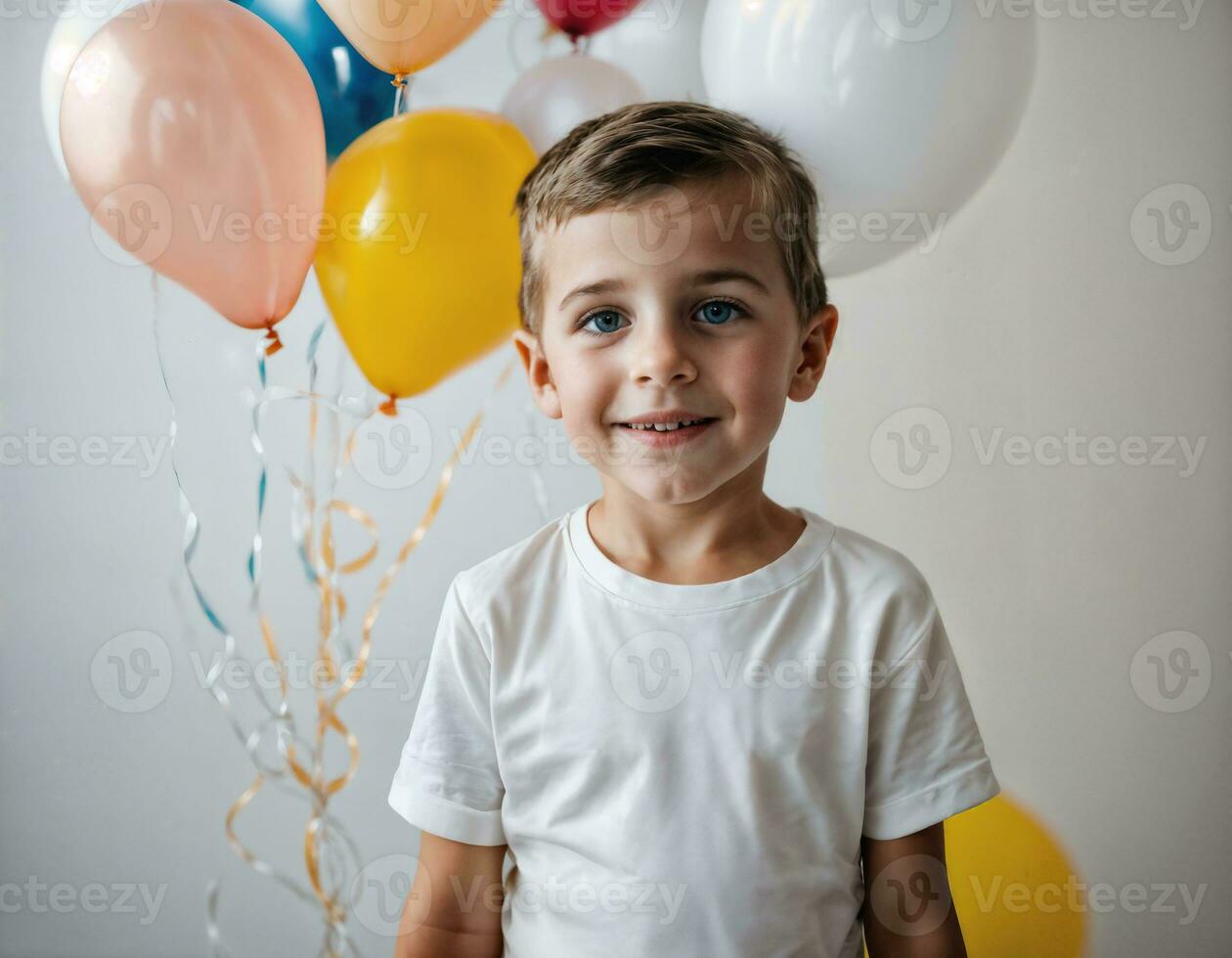 photo photoshoot of kid with balloons on white background, generative AI