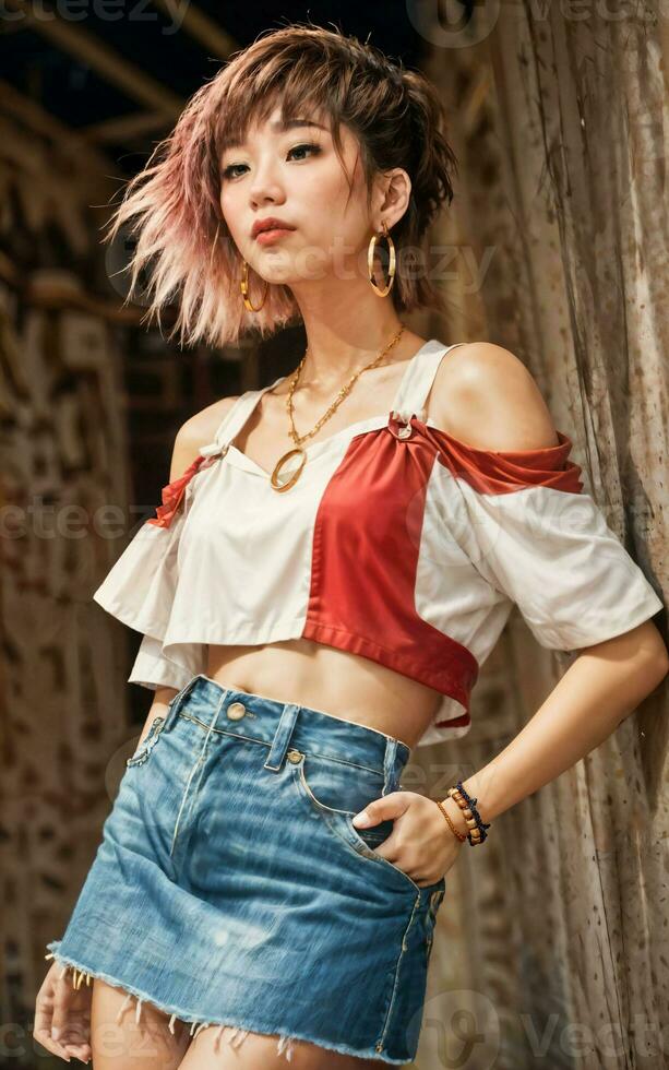 photo of teenage playful asian woman with accessories and mullet hairstyle, generative AI