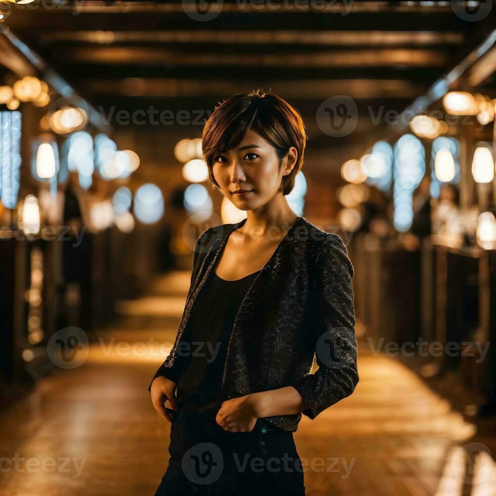 photo of beautiful japanese asian woman with short hair, generative AI