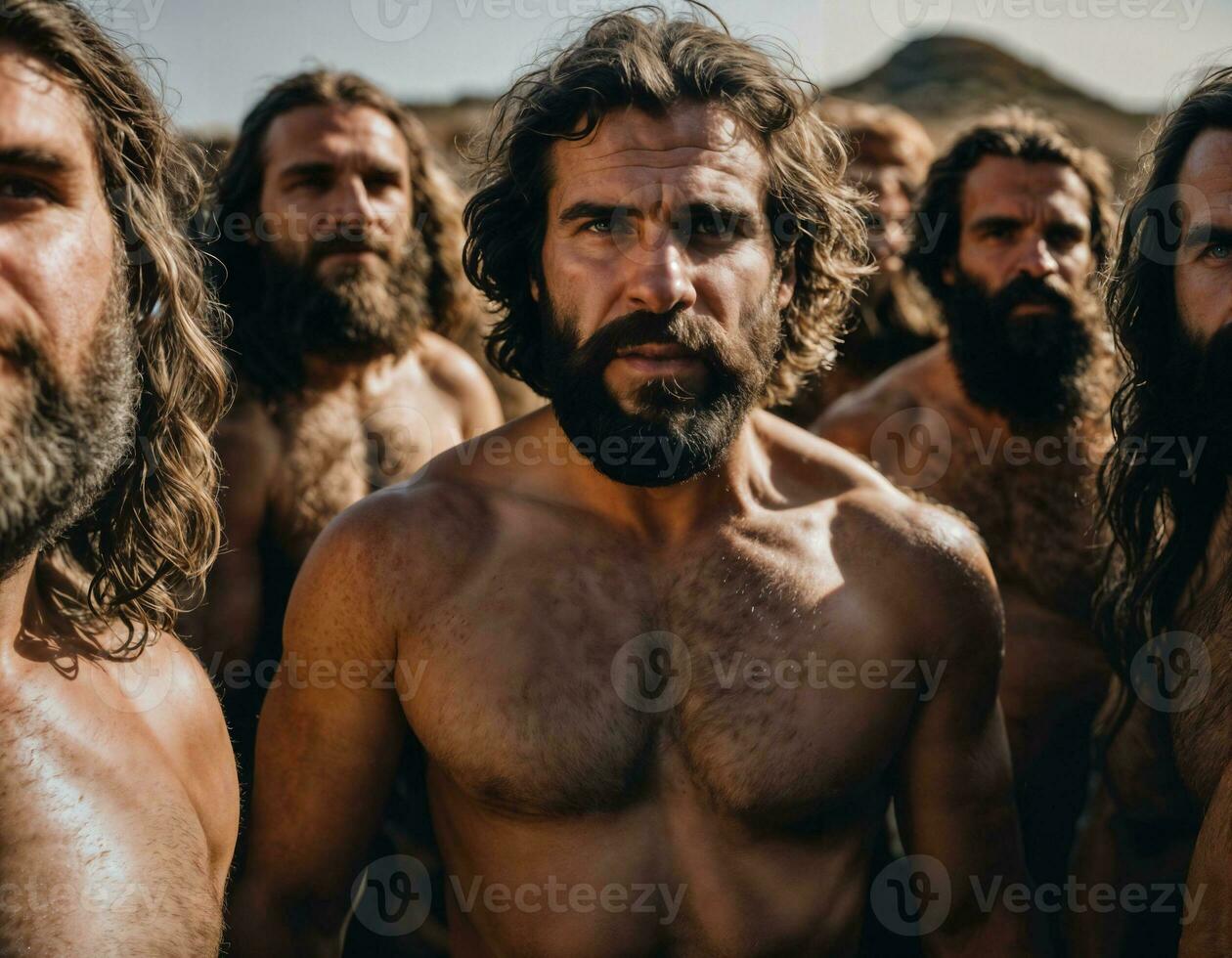 photo of group of strong caveman gang, generative AI