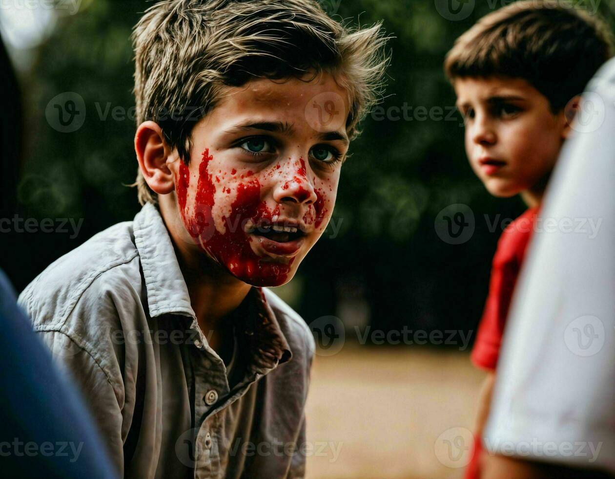 photo group of boy being bullied with wound and blood in the gang, generative AI