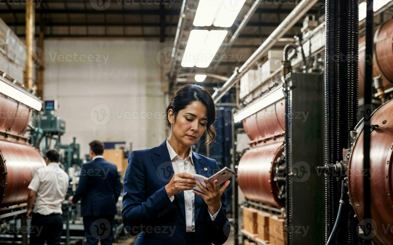 foto de trabajando empresario mujer a fábrica con máquina y obrero, generativo ai