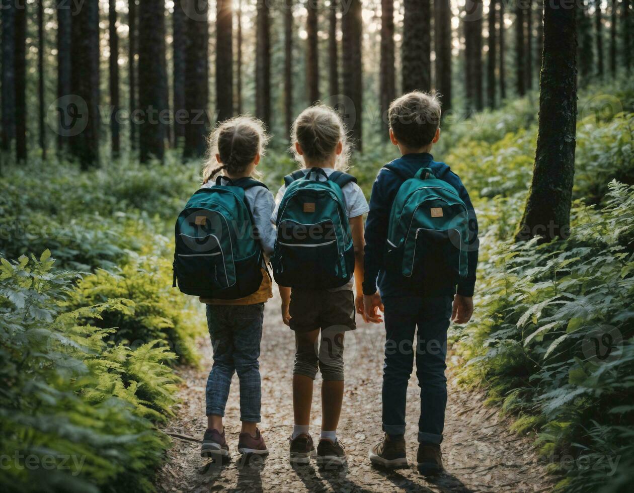 photo group of kids as a backpacker in the dark wood, generative AI