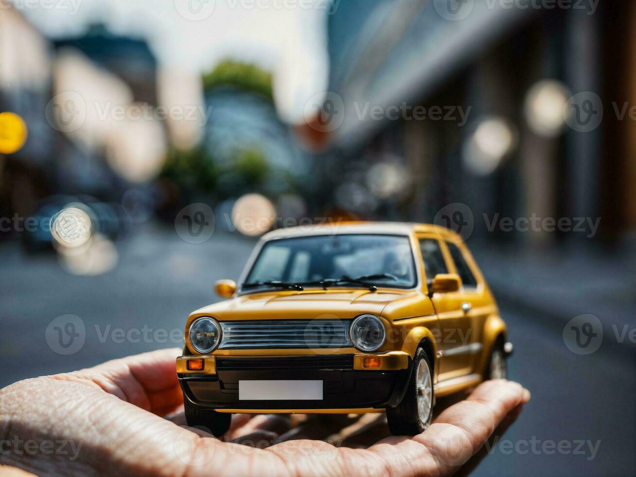 photo of close up hand holding mini car, generative AI