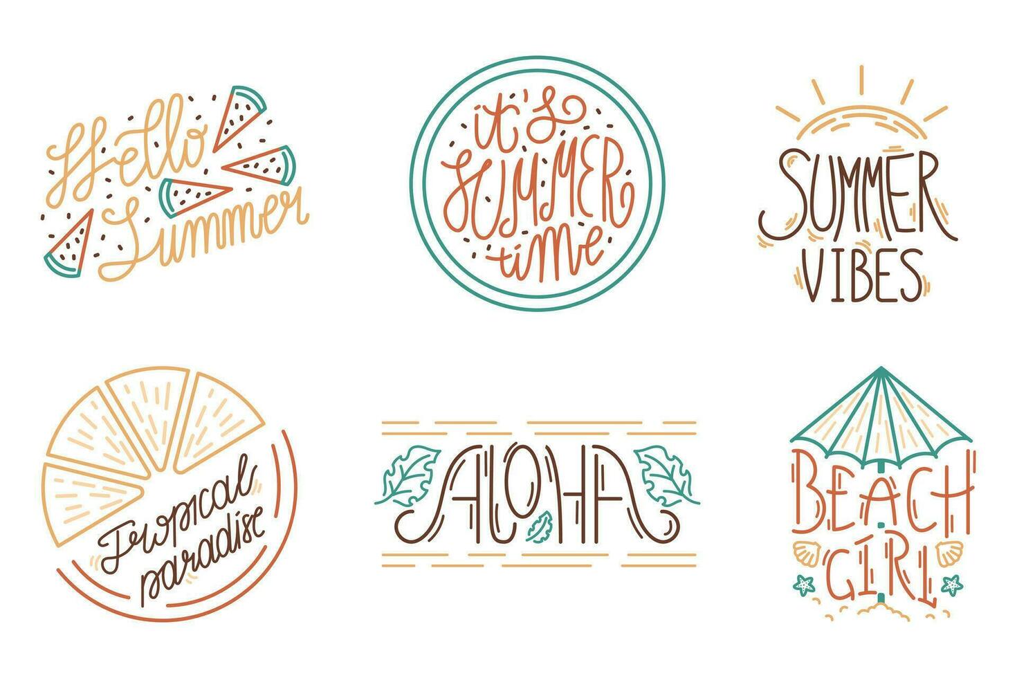 Set of summer hand drawn line stickers, hand lettering. Collection of vector tropical vibe vacation labels.