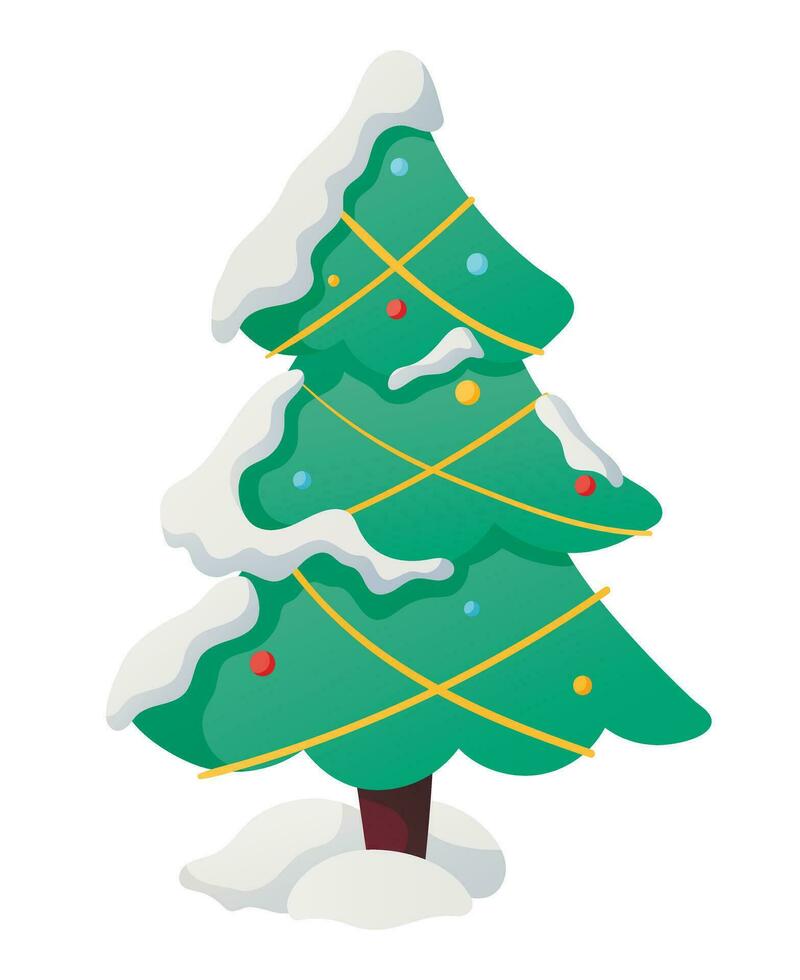 Vector isolated winter illustration of Christmas tree with snow decorated garland and lights.