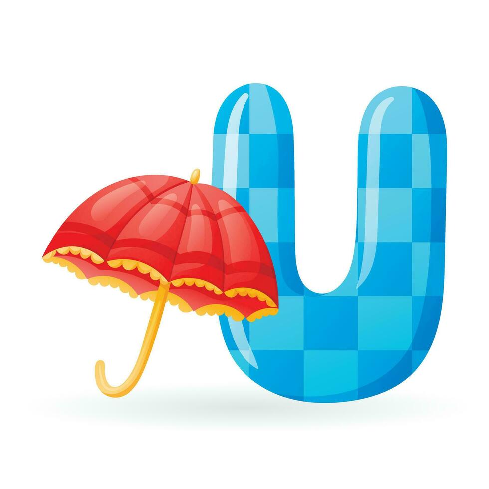 Kids banner with english alphabet letter U and cartoon image of bright opened decorated umbrella. vector