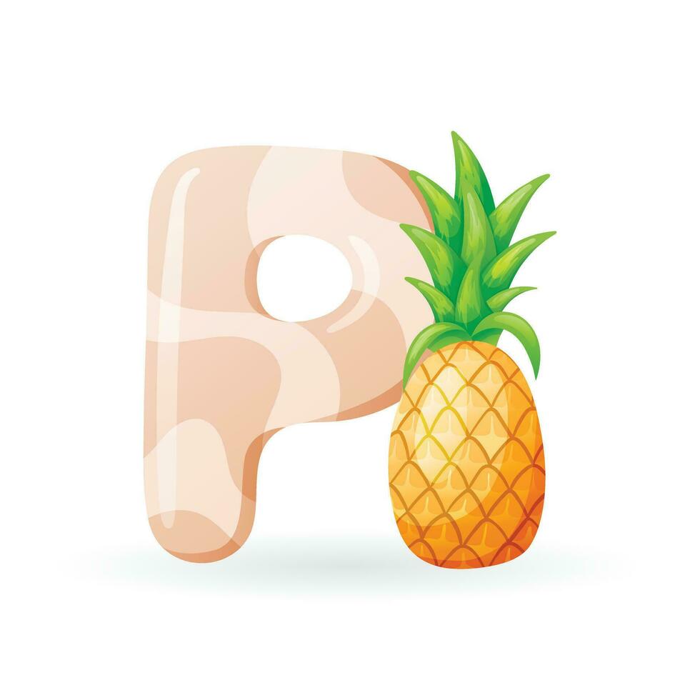 Kids banner with english alphabet letter P and cartoon image of tropical pineapple fruit with foliage. vector