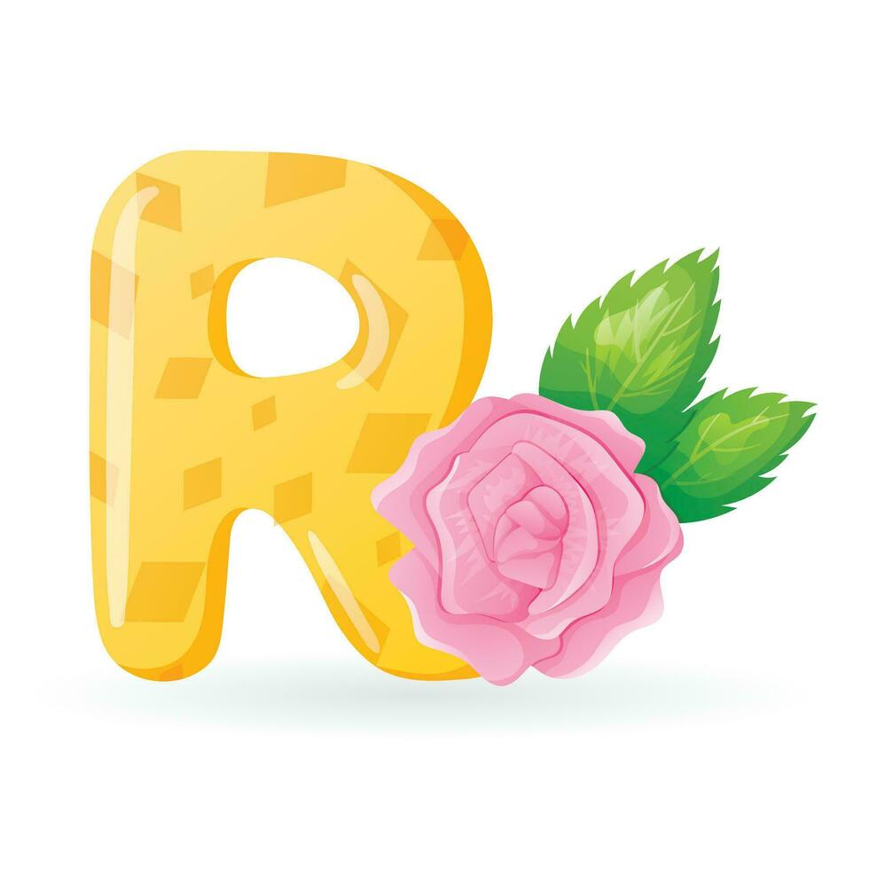 Kids banner with english alphabet letter R and cartoon image of delicate rose bud with leaves. vector