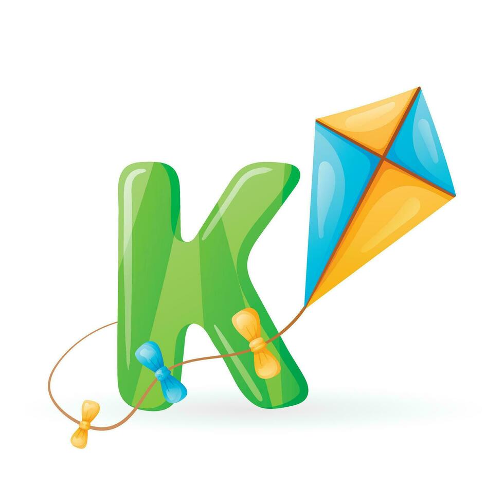 Vector isolated cartoon illustration of English alphabet letter K with picture of children toy flying kite